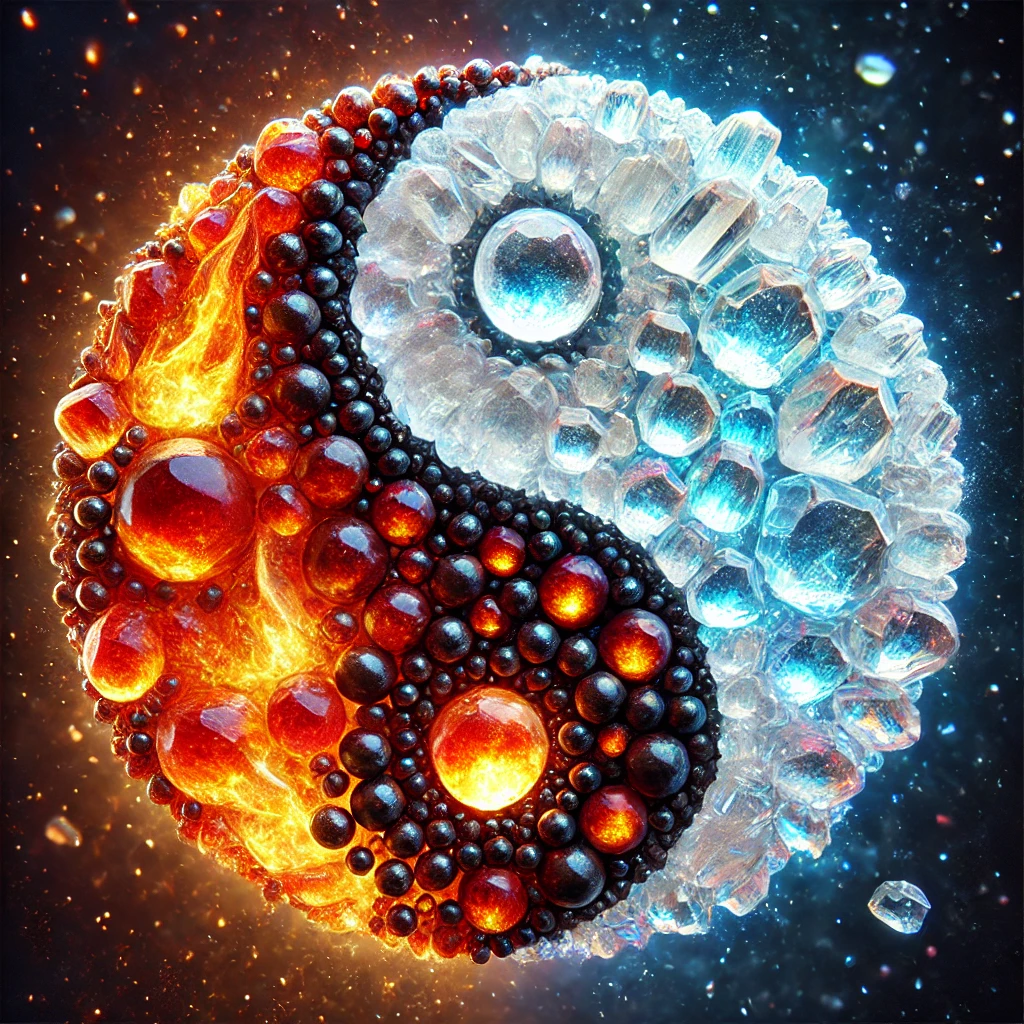 DALL·E 2025-03-14 12.26.58 - A breathtaking Yin Yang symbol made entirely out of fire and ice crystals. One half is sculpted from glowing fire-like gemstones in shades of red, ora