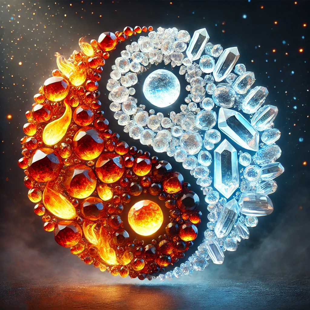 DALL·E 2025-03-14 12.25.25 - A stunning Yin Yang symbol made entirely out of fire and ice crystals. One half is sculpted from glowing fire-like gemstones in shades of red, orange,