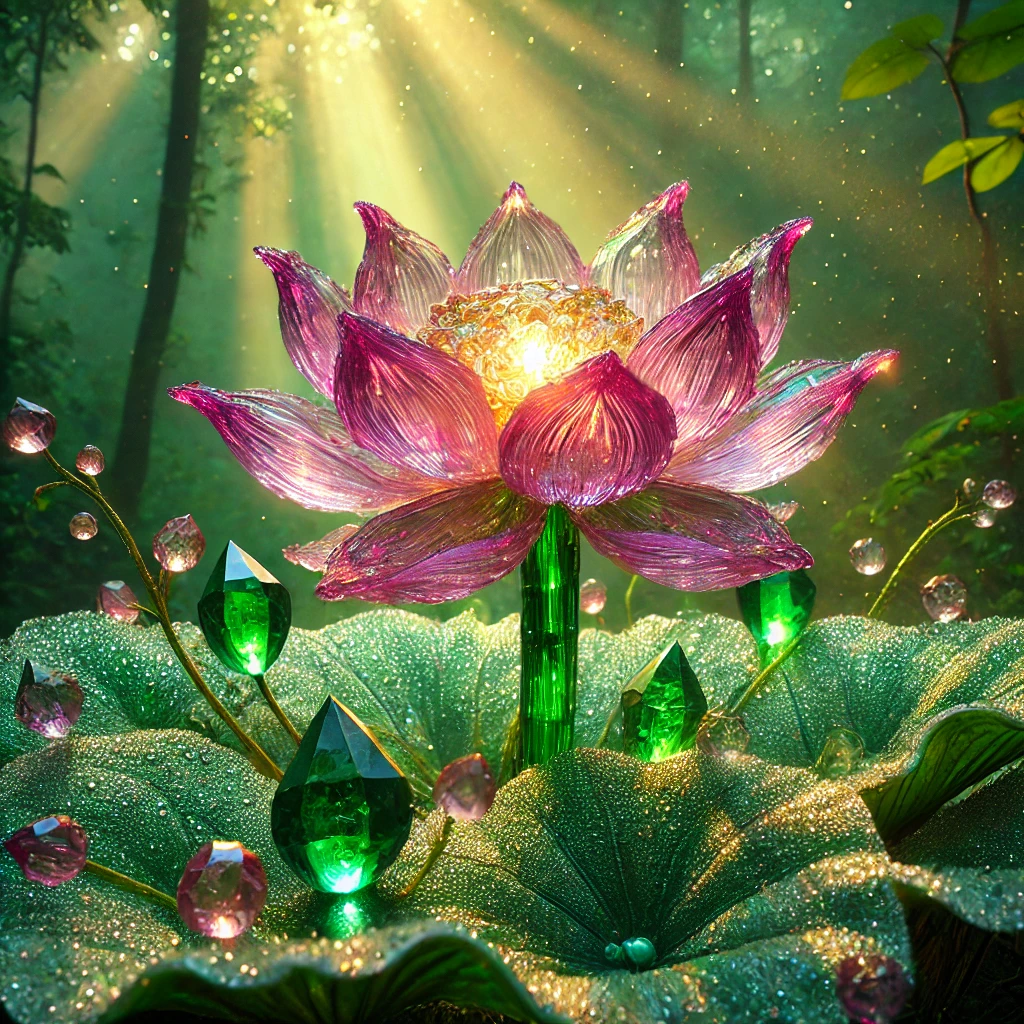 DALL·E 2025-03-13 21.01.12 - A breathtaking lotus flower made entirely out of appropriately colored crystals, set in a lush green forest. The petals are sculpted from delicate pin